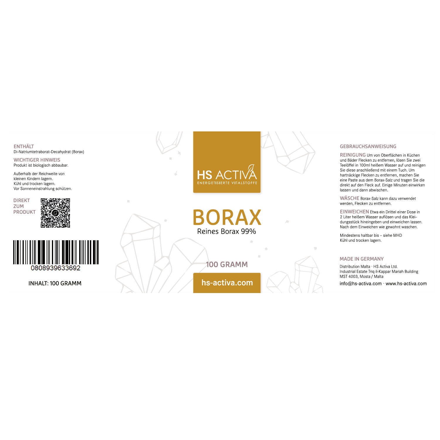 Borax I Pharmazeutische Reinheit 99,9% I 100 Gramm