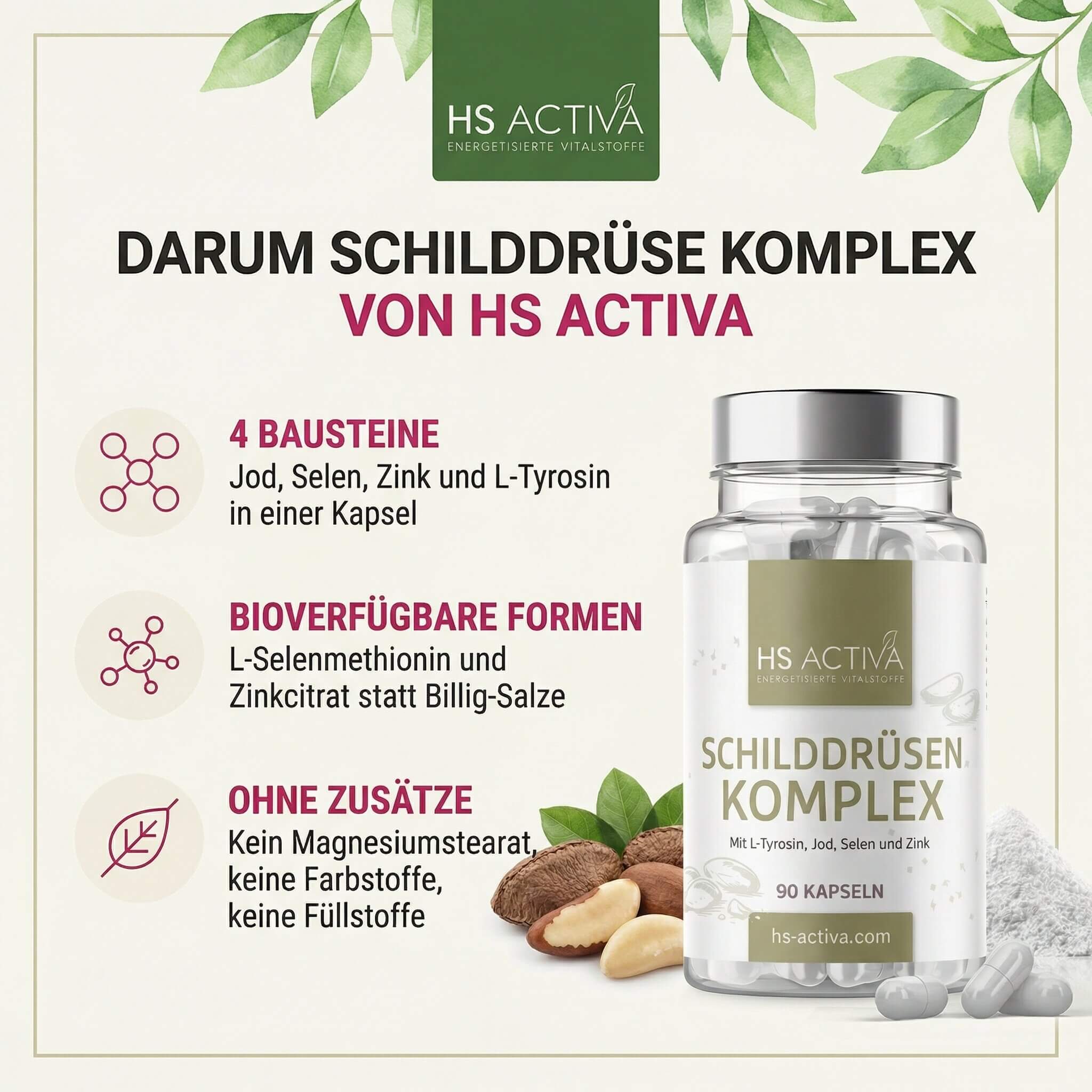 Schilddrüsen Komplex kaufen – 90 Kapseln mit L-Tyrosin, Jod, Selen und Zink