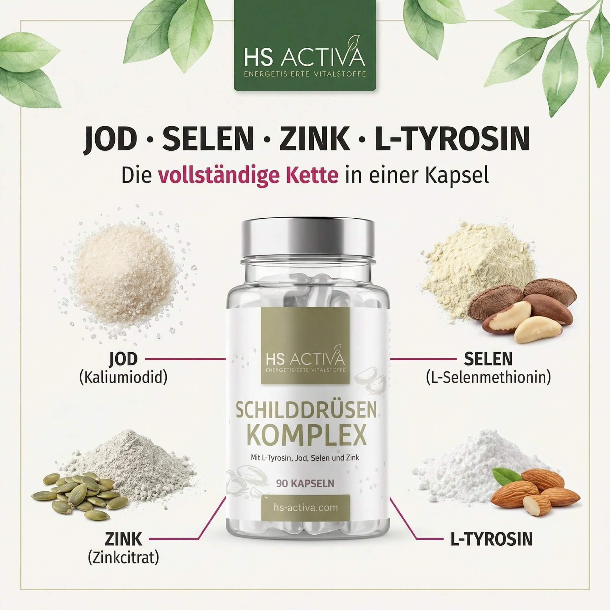 Schilddrüsen Komplex kaufen – 90 Kapseln mit L-Tyrosin, Jod, Selen und Zink