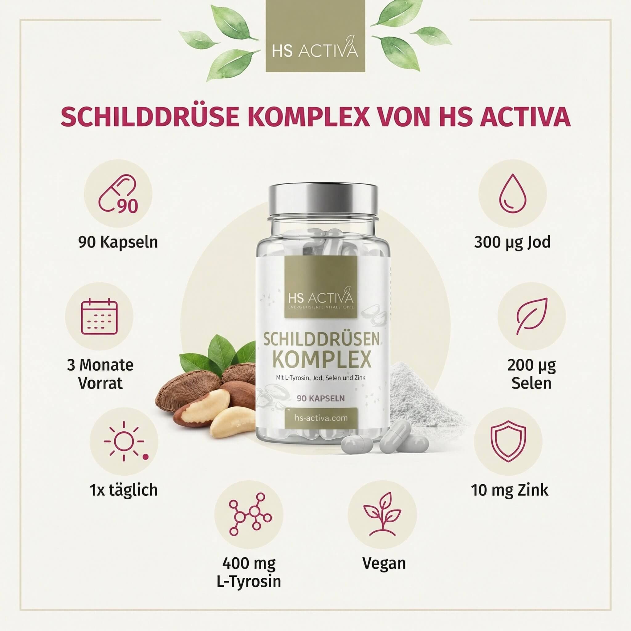 Schilddrüsen Komplex kaufen – 90 Kapseln mit L-Tyrosin, Jod, Selen und Zink