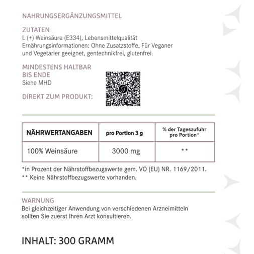 Weinsäure kaufen (Nierenstein Terminator) - 300 Gramm