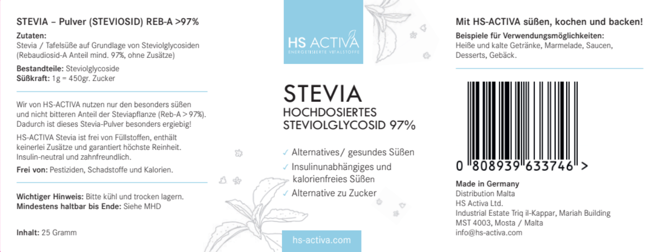 Stevia | Steviolglycosid 97% | Gesundes Süßen | Alternative zu Zucker | 25 Gramm